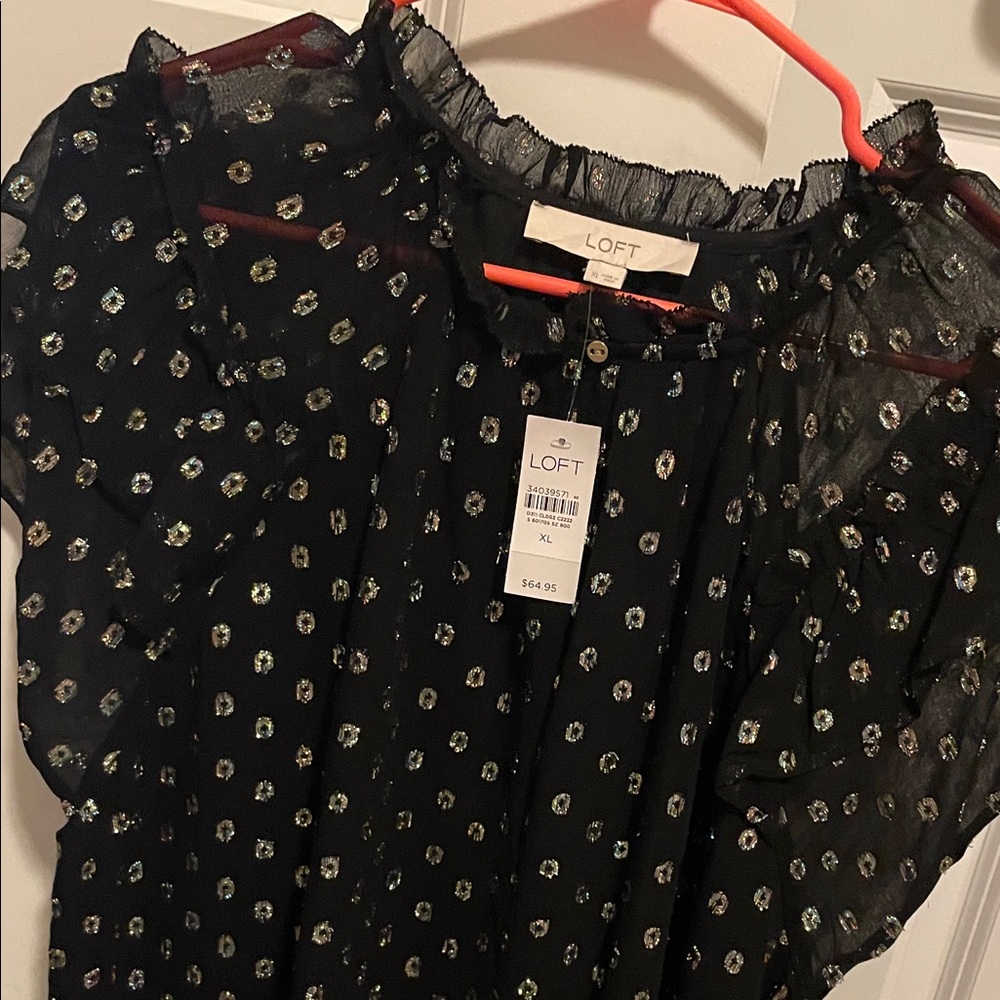 LOFT Black Metallic Dot Ruffle Neck Blouse